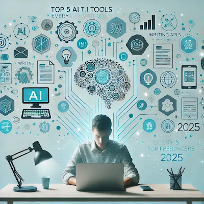 Freelancer working remotely in 2025 with AI productivity tools, surrounded by futuristic digital icons and a laptop