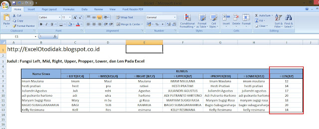 Fungsi Left, Right, Mid, Upper, Propper, Lower, dan Len Pada Excel 