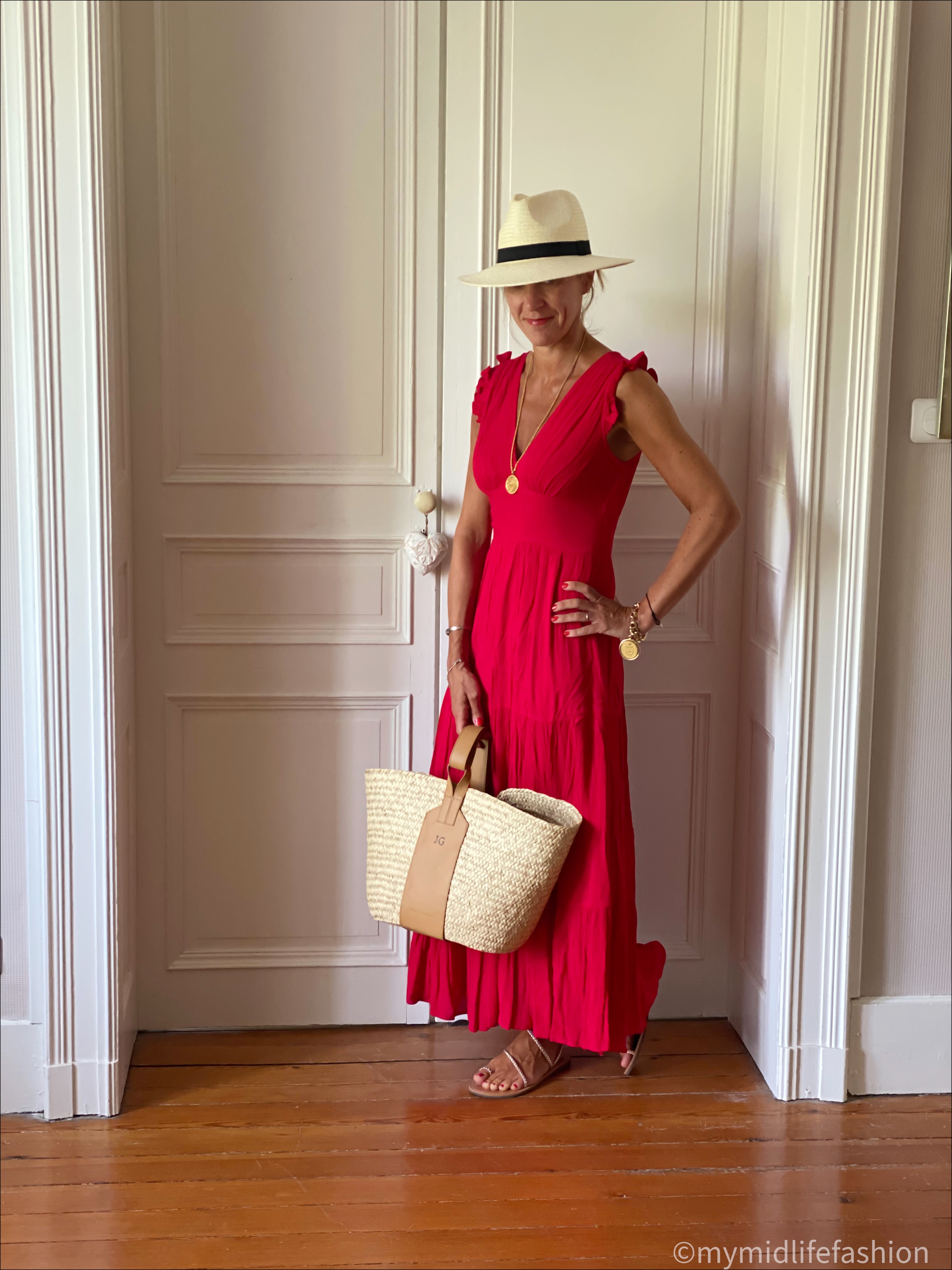 my midlife fashion, Zara Panama hat, Monica Vinader Marie coin necklace, Goa dress, rae feather grace monogrammed basket, gold plaited flat sandals