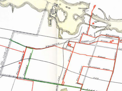 Click for full map. Crop of the 1929 Ottawa transit map showing only main roads and streetcar (red) and bus (green) lines. The map is cropped to show the City limits (Western Ave, Carling) in the West and Bank Street in the east. Although the separate lines are not indicated on the map, Wellington has streetcar tracks from Bank to Queen Street West in LeBreton Flats, and they resume on Wellington at Broad until Champagne, then resume again at Somerset until Holland. A bus line comes north on Parkdale and turns west on Wellington to the City Limits at Western before turning around.