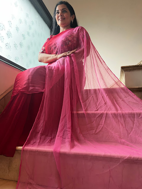 Radiant Duality: The Alia Bhatt-Inspired Pure Chiffon Red and Pink 2-Shade Saree
