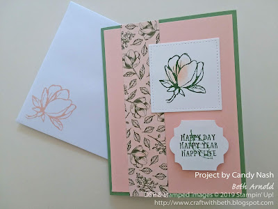 Craft with Beth: Stampin' Up! Second Sunday Sketches Card Sketch Challenge #03 Card Entry Candy Nash Magnolia Lane DSP Designer Series Paper Good Morning Magnolia Everyday Label Punch Basket of Wishes Anniversary