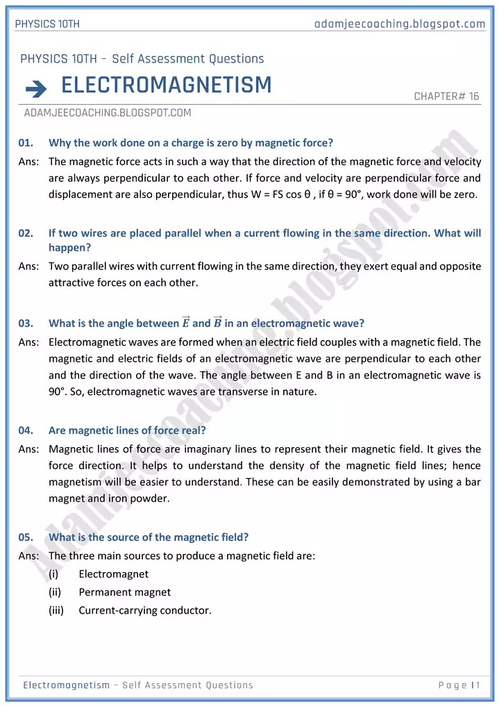 electromagnetism-self-assessment-questions-physics-10th