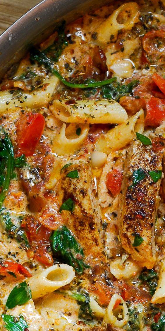 Chicken Penne Pasta with Bacon and Spinach in Creamy Tomato Sauce