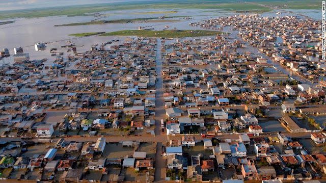 Streets are flooded in the northern Iranian village of Agh Ghaleh after some areas of Iran were hit by more than a month's rainfall in a few hours.