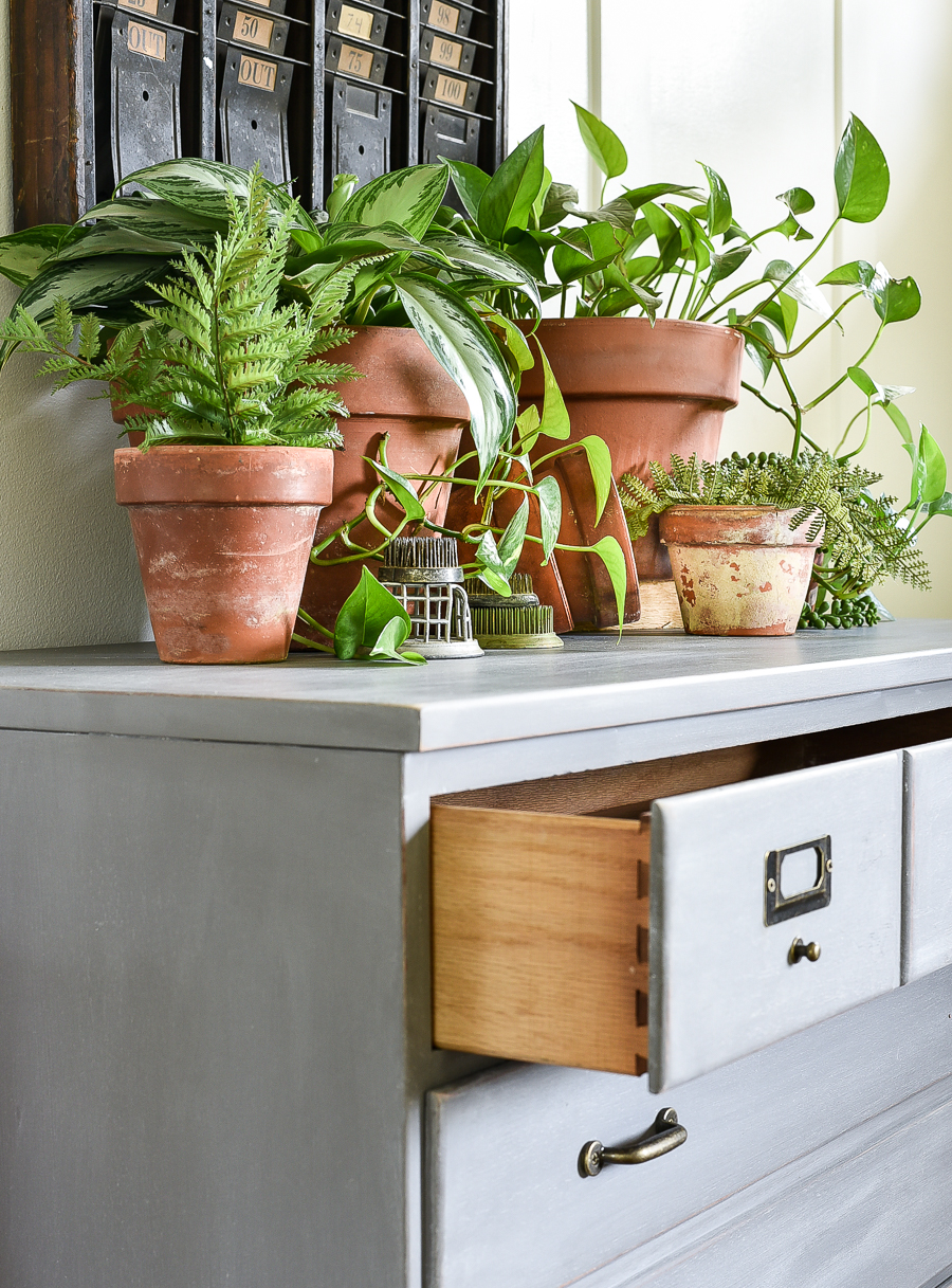 styled terra cotta pots, painted furniture