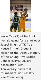 Kevin Tay (R) of Hankook Komala going for a shot over Jaspal Singh of TK Tea House in their Group B match of the Open Category of the Chung Hwa Middle School (CHMS) Alumni Association 18th Anniversary Basketball tournament.Picture: BT/ Yee Chun Leong 