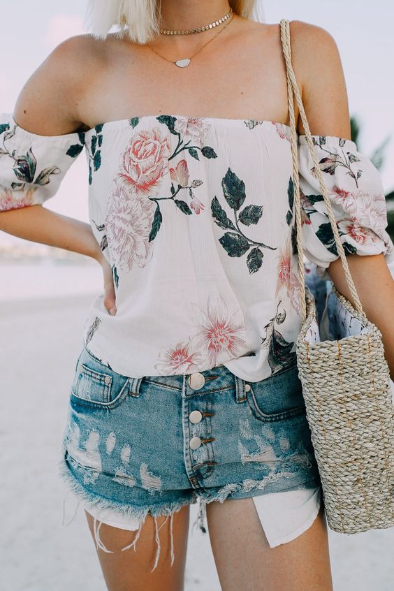 how to style a floral off-shoulder top : bag and denim shorts