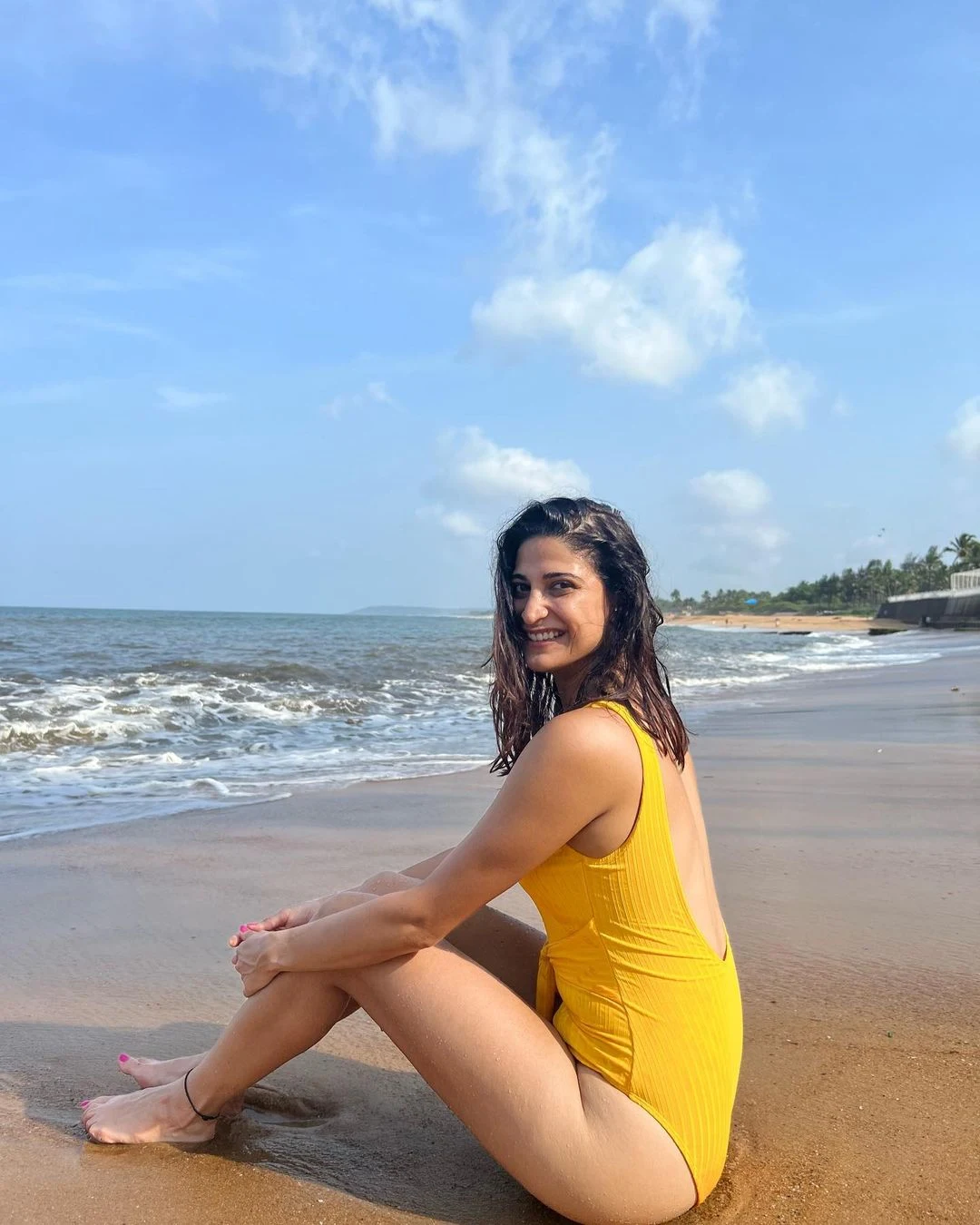 Aahana kumra yellow swimsuit sexy legs