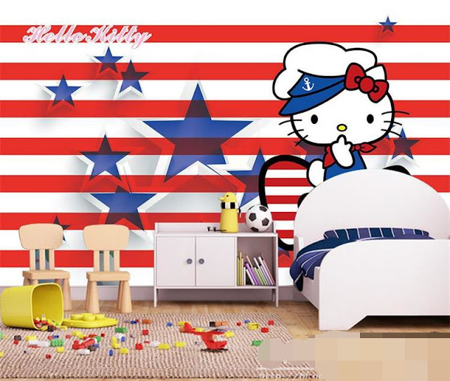 Hello Kitty wall mural stripes stars wallpaper kid bedroom children girl wallpaper baby mural