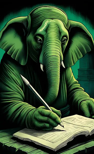 Evernote escrevendo em um livro: um elefante verde usando óculos está escrevendo com uma picareta em uma tábua de pedra