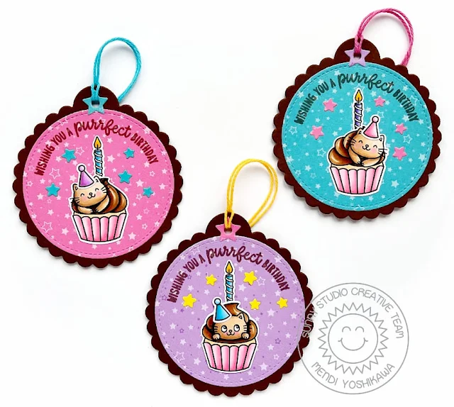 Sunny Studio Scalloped Circle Gift Tags (using Birthday Cat Stamps, Stitched Circle Dies, Surprise Party 6x6 Paper)