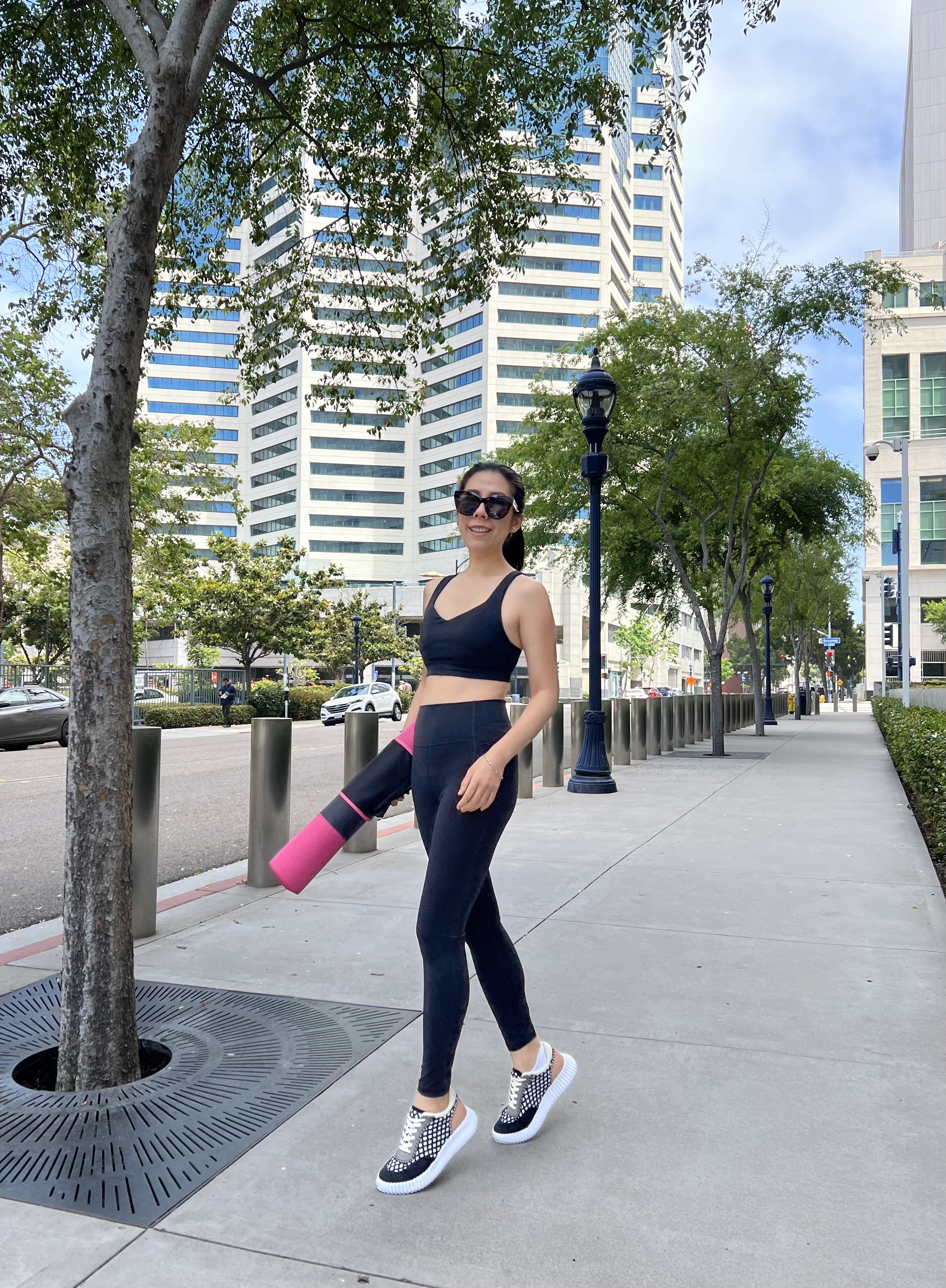 Adrienne Nguyen_Downtown San Diego_City Life Blogger_CALIA Inspire Sports Bra and CALIA Inspire Leggings_All Black Yoga Set_PIlates Outfit_Yoga Outfit_Downtown Lifestyle_City Life_Platform Sneakers_California Style
