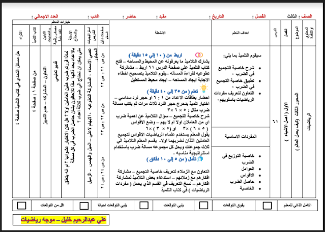 تحميل دفتر تحضير حصص الرياضيات للصف الثالث الابتدائي الترم الثانى 2023 pdf