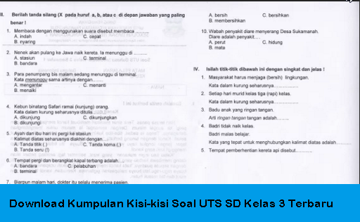 Download Kumpulan Kisi-kisi Soal UTS SD Kelas 3 Terbaru 