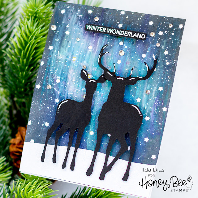 Northern / Aurora Lights Silhouette Deer Card Mini Messages; Holiday Stamps - Lovely Layers Deer - Scattered Stars Cover Plate