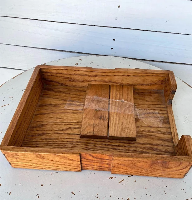 Photo of an oak desk tray.