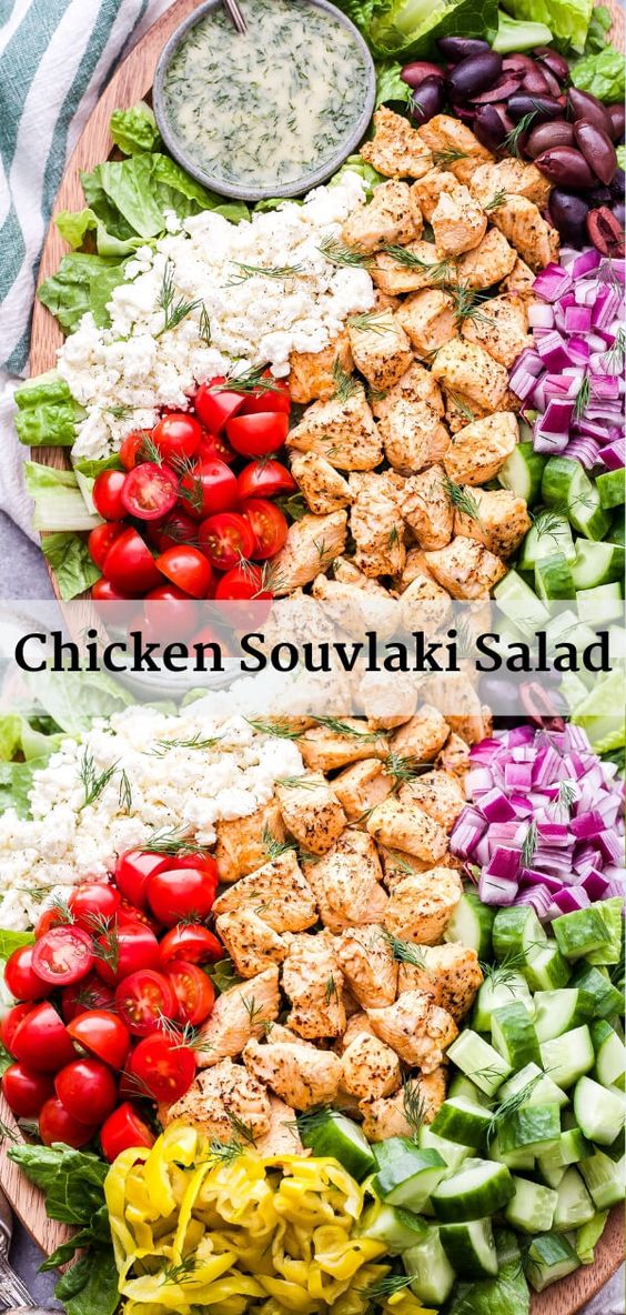 This Chicken Souvlaki Salad is loaded with all of your favorite Greek toppings! A quick and easy marinade makes the chicken extra flavorful and juicy. You'll love this healthy main dish salad! #chickensouvlaki #chicken #salad #healthysalad #dinner #glutenfree #lowcarb