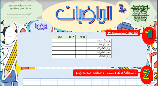 الفرض الأول في مادة الرياضيات المرحلة الأولى للمستوى الثالث ابتدائي