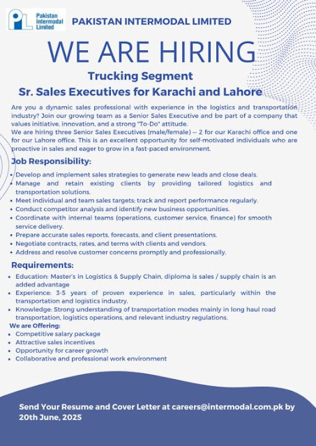 Pakistan Intermodal Ltd Latest Jobs in Lahore Senior Sales Executives 2025