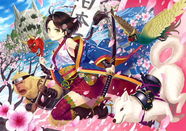     Girl Mask Anime animal bird cherry blossoms dog monkey animal kimono mask original petals katana thigh highs weapon Anime HD Wallpaper Backgrounds Image Photo Picture d39.