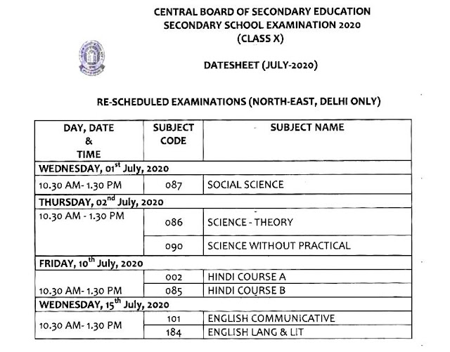 10TH CLASS CBSE PRIVATE CANDIDATE DATE SHEET 2020