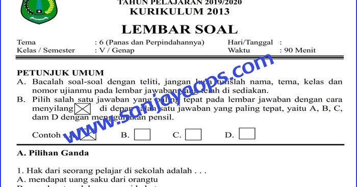 Soal Penilaian Akhir Tahun PAT PAS Kelas  5 Tema 6 Panas 