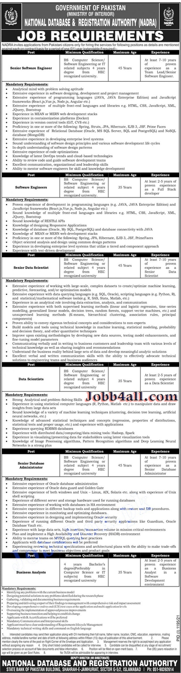 NADRA Jobs 2021 Advertisement govt Jobs in Pakistan