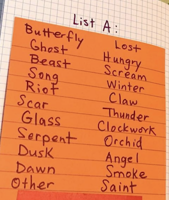 photo of a sticky note in a notebook that reads: List A: Butterfly, Ghost, Beast, Song, Riot, Scar, Glass, Serpent, Dusk, Dawn, Other, Lost, Hungry, Scream, Winter, Claw, Thunder, Clockwork, Orchid, Angel, Smoke, Saint