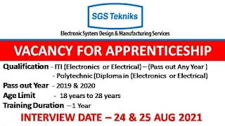 SGS Tekniks Manufacturing Pvt Ltd Recruitment 2021 For  ITI and Diploma Holders On Apprenticeship || Walk In Interview