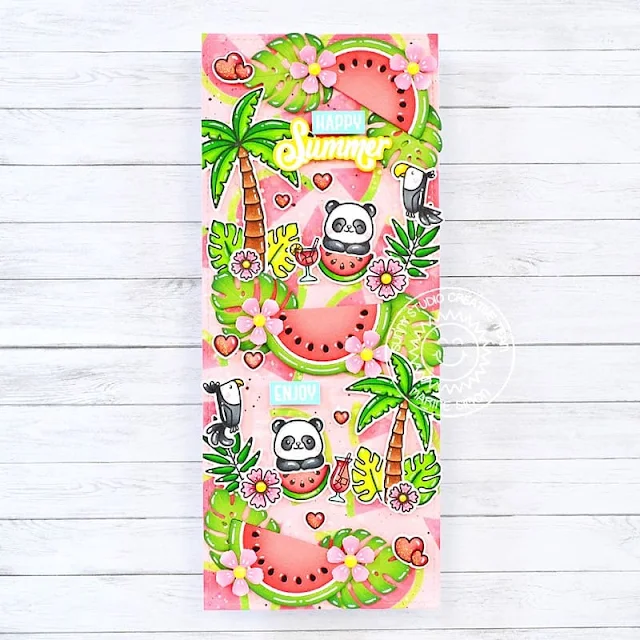 Sunny Studio Stamps: Juicy Watermelon Die Focused Summer Themed Card by Marine Simon (featuring Summer Greenery Dies, Panda Party, Seasonal Trees, Sending Sunshine, Fabulous Flamingos, Tiki Time)