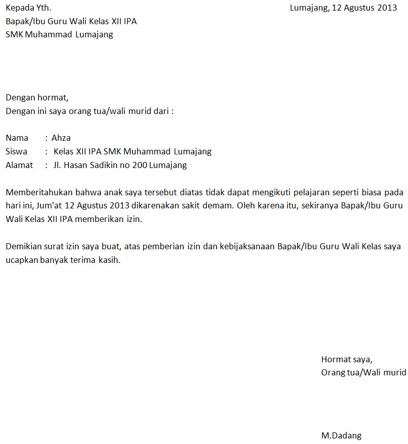 Contoh Surat Izin Sakit Untuk Sekolah Sd Smp Sma  Share 