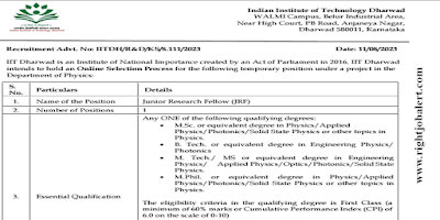 Junior Research Fellow Engineering Job Opportunities in Indian Institute of Technology Dharwad