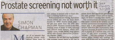 Newspaper clipping shows Sydney Morning Herald article by Professor Simon Chapman headed, Prostate screening not worth it