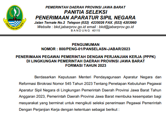 Rincian Formasi Kebutuhan ASN PPPK Jawa Barat (Jabar) Tahun 2023 PDF