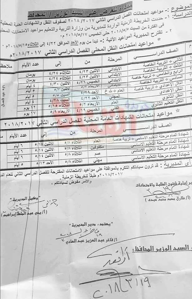 جدول امتحانات الشهادة الاعدادية 2018 الترم الثاني محافظة الاسماعيلية