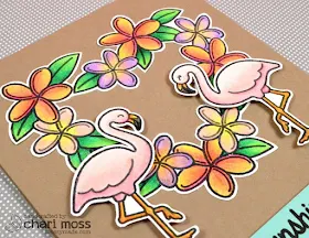 Sunny Studio Stamps: Tropical Paradise Plumeria Floral Wreath & Flamingo card by Chari Moss.