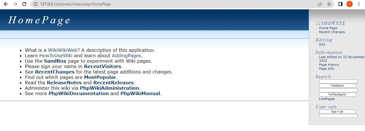 successfully created phpwiki website