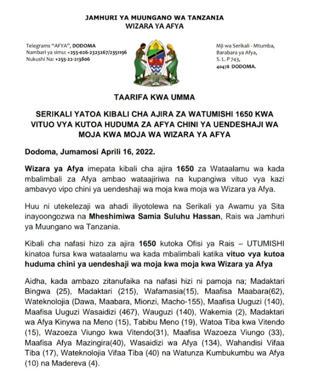 Ajira Mpya Wizara Ya Afya 2022 | Job Opportunities At Wizara Ya Afya 2022 (1650 Position)