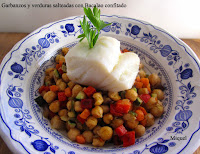 Garbanzos y verduras salteadas con bacalao confitado