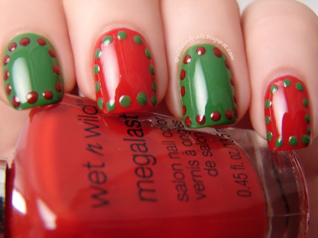 nails nailart nail art polish mani manicure Spellbound Christmas border borders dots dotted dotting red green holiday Sinful Colors Exotic Green Wet n Wild I Red a Good Book simple easy