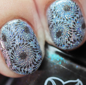 Moonflower Polish The Stone Dog stamped over Blush Lacquers The Blue Lady using Über Chic 22-03 plate