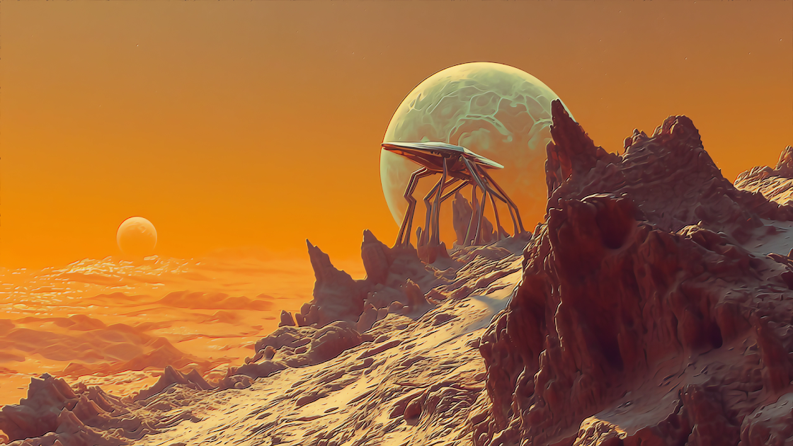 A science fiction scene with an otherworldly structure on an alien planet, under an orange sky with distant moons.