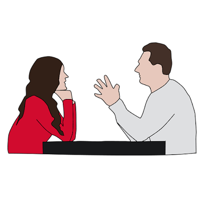 man and woman talking