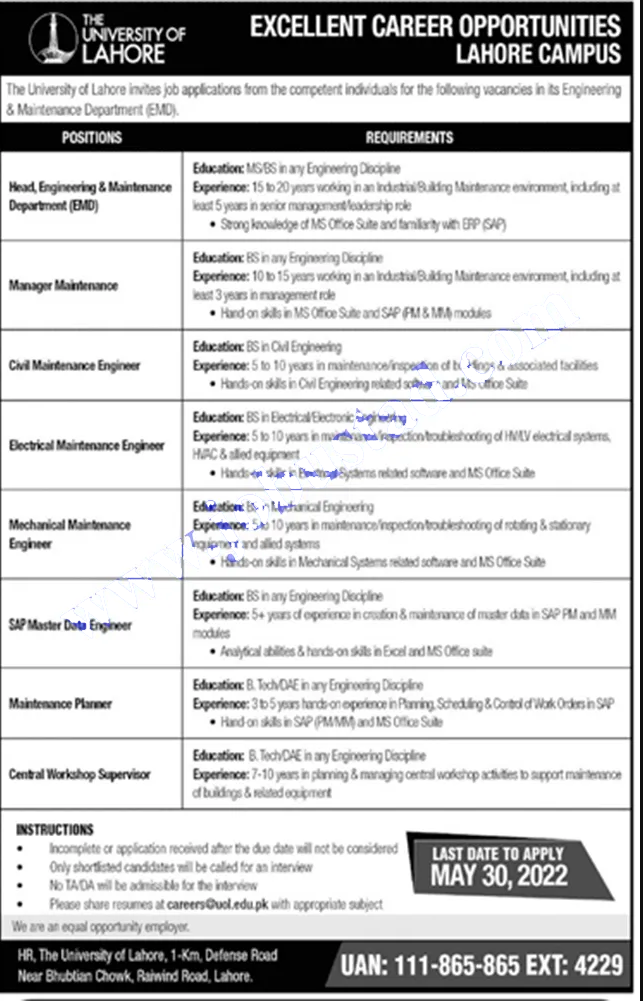 The University of Lahore jobs 2022 – UOL jobs 2022