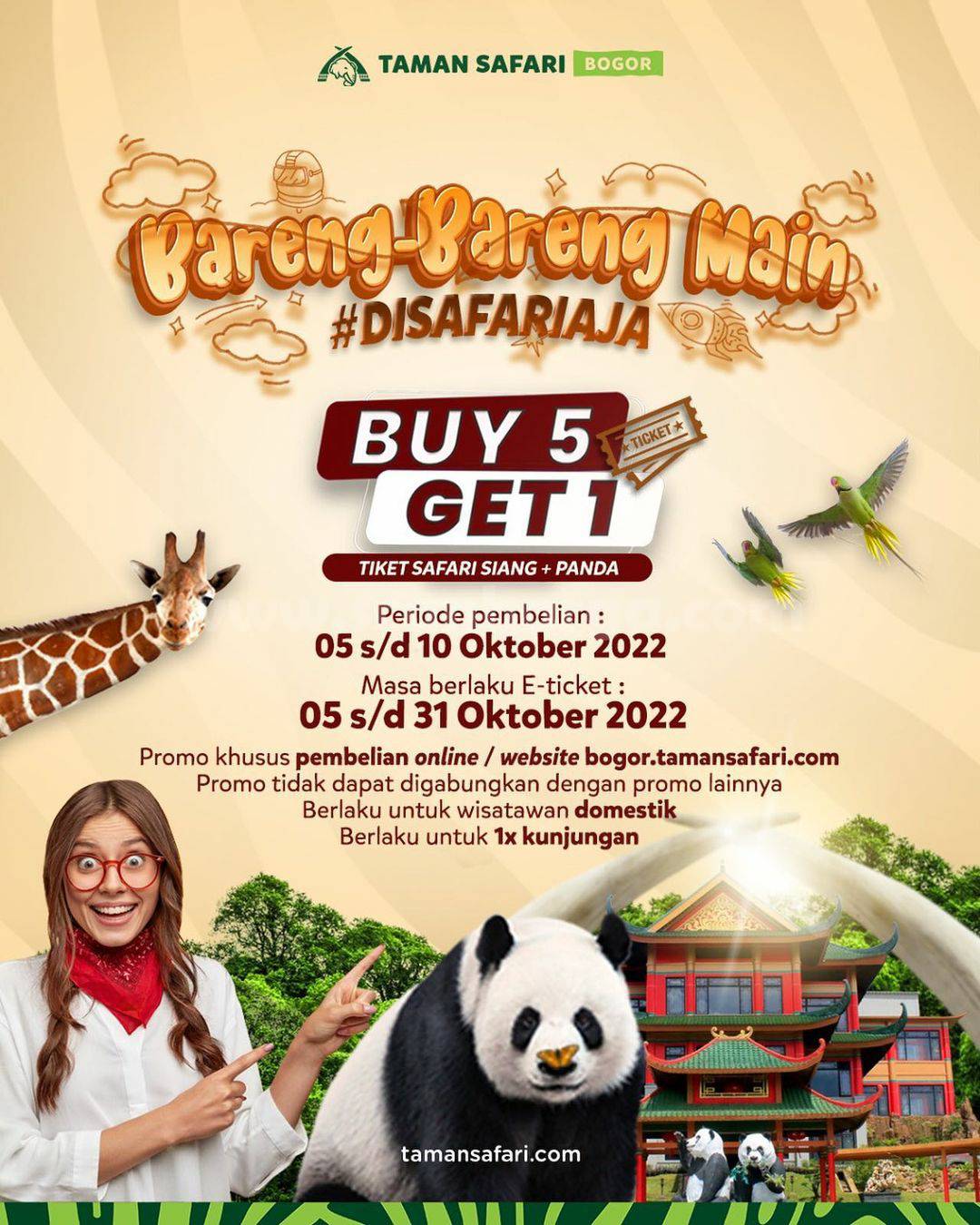 Promo TAMAN SAFARI Spesial BELI 5 GRATIS 1 TIKET SAFARI SIANG + PANDA