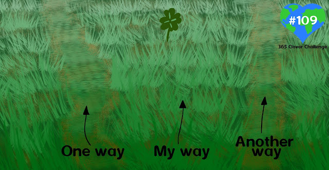 Drawing of grass, where two paths are visible, labeled 'one way' and 'another way'. In between is 'my way' where no one as gone before