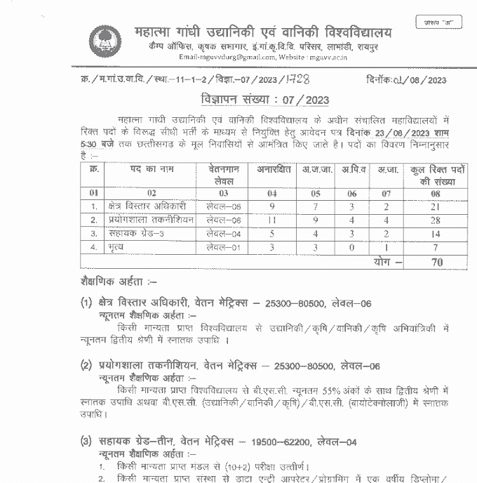 RAIPUR KRISHI VIBHAG GOVT JOBS 2023 | रायपुर कृषि विभाग में भृत्य कंप्यूटर ऑपरेटर एवं अन्य बहुत से 70 पदों की वेकेंसी