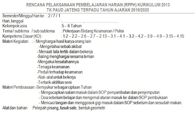 RPPH TK B Materi Pekerjaan Bidang Keamanan, Pemerintahan Semester 2 Kurikulum 2013 Tahun 2019/2020 - Ruang Paud