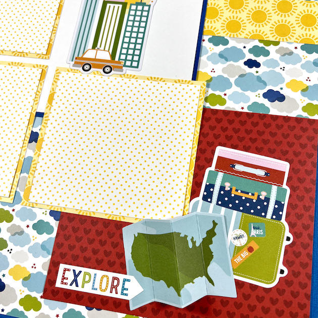 Travel scrapbook page layout with map and suitcases